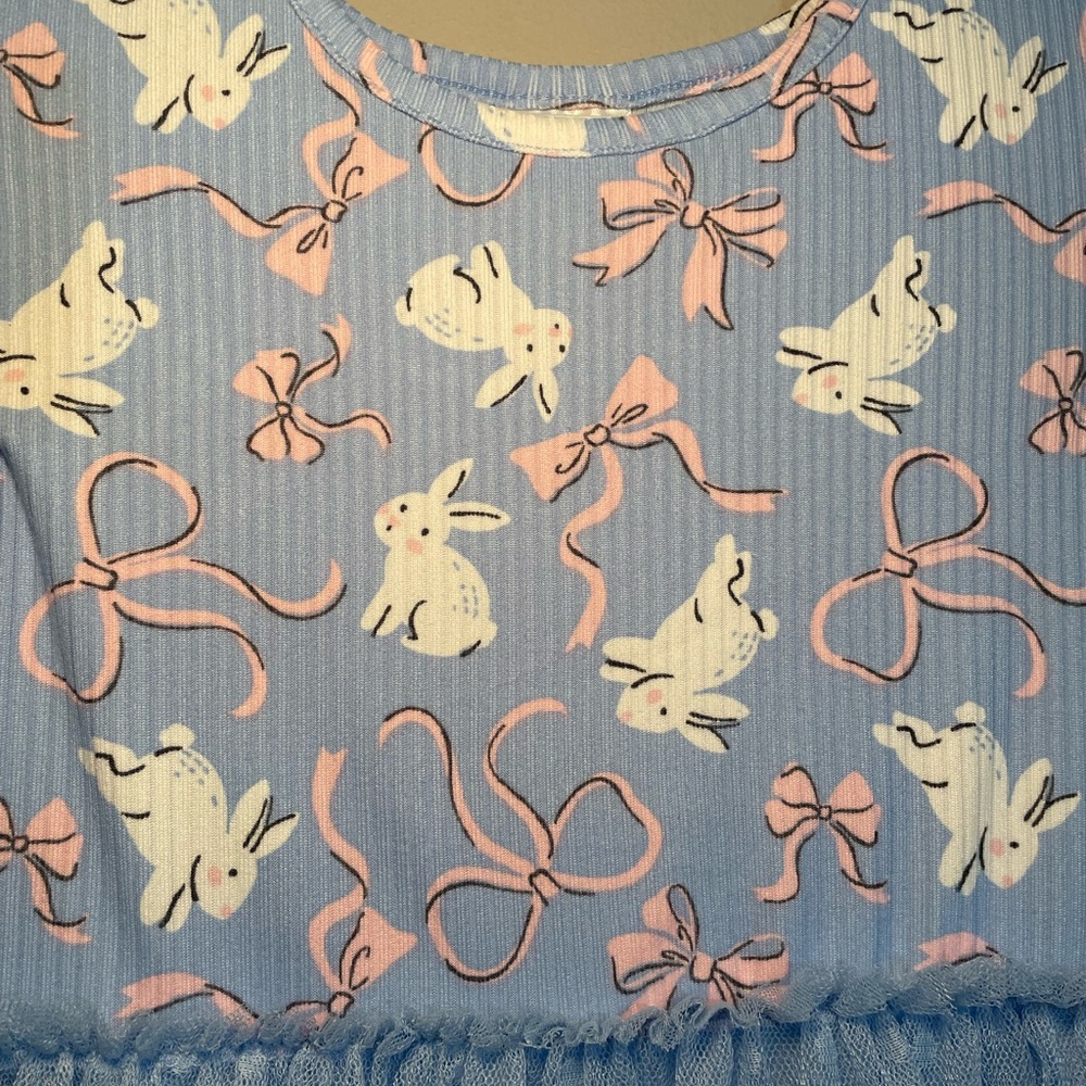 Light Blue Bunny Print Tiered Tulle Easter Dress for Kids 4T - Picture 3 of 5